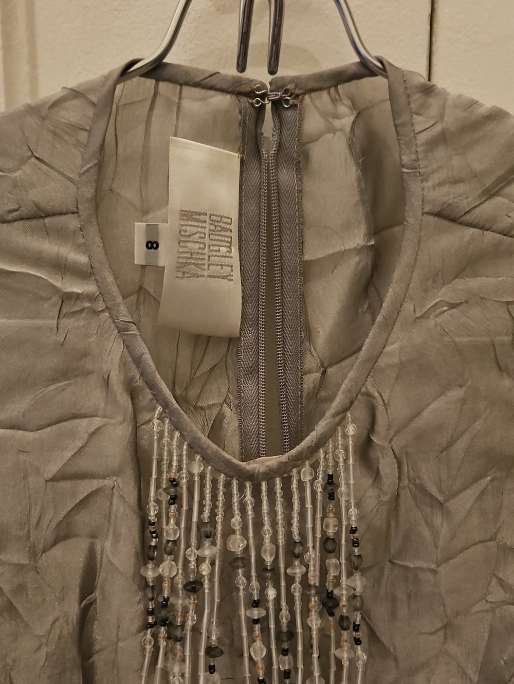 Badgley Mischka Silver Beaded V-Neck Blouse - Size 8